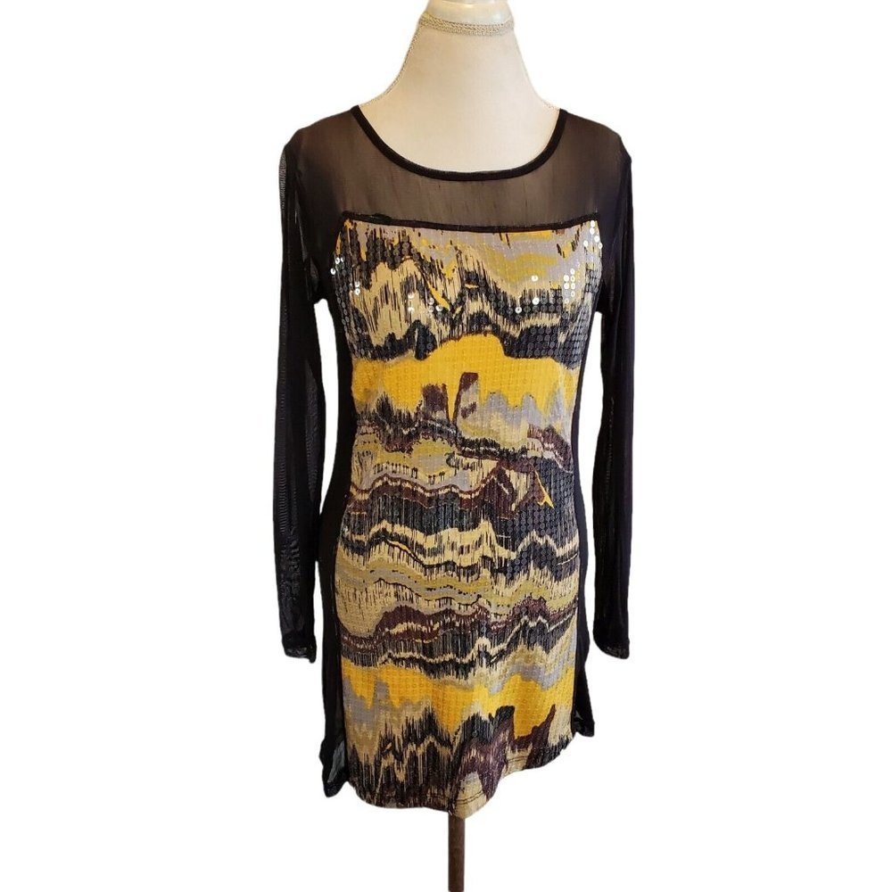 Y2K‎ Black Mesh Long Sleeve Top Yellow Sequins Assymetrical Hem M Medium
